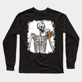 Halloween Shirt Beer Drinking Skeleton Skull Long Sleeve T-Shirt